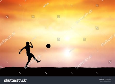 Silhouette Children Playing Soccer Background Sunset Stock Illustration