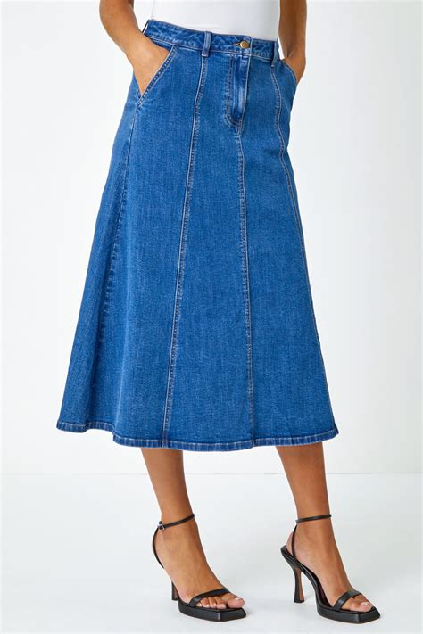 Denim Cotton Denim Panelled Midi Skirt Roman UK