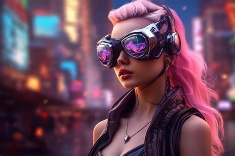 Premium AI Image | A woman wearing a vr headset in front of a cityscape