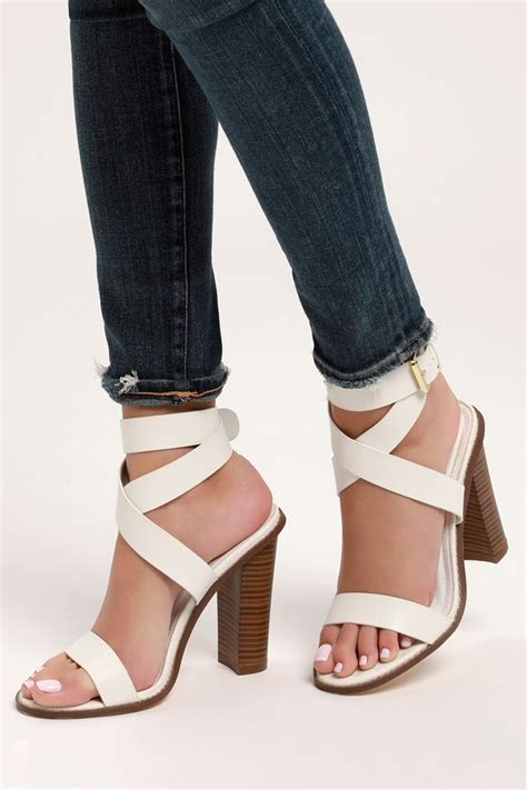 Cute White Heels Ankle Strap Heels Wood Look Stacked Heels Lulus