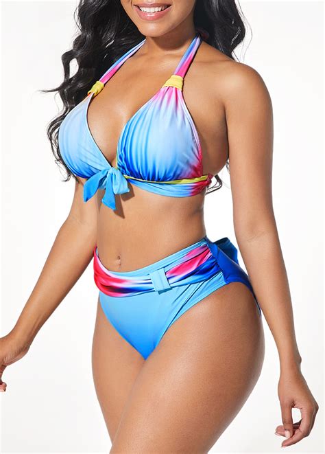 Halter Neck Tie Front Printed Bowknot Bikini Set Rosewe Usd