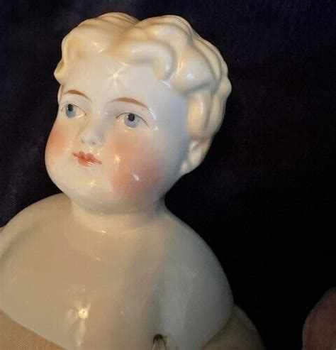 Antique German China Head Doll Blonde In Blue Boots Porcelain Hands