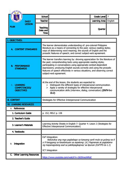 Strategies For Effective Interpersonal Communication 2022 Daily Lesson Plan School Grade Level