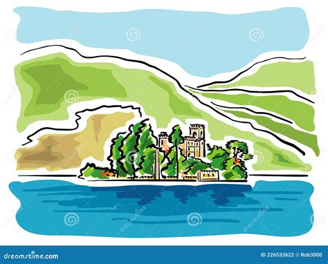 Lake Garda Sketch Stock Vector Illustration Of Panoramic