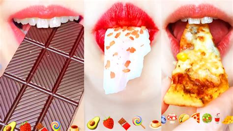 Asmr Emoji Food Challenge 🥑🍓🍫🍭🍮🫐🍄🌮🍕🥗🥤🧀 Satisfying Eating Sounds