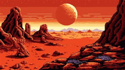 Premium Vector Generative Ai Mars Red Planet Surface Landscape 8bit Pixel Art Background