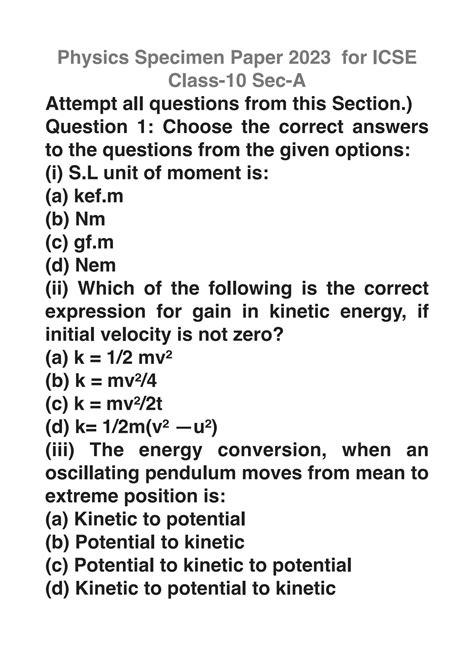 Solution Physics Specimen Paper For Icse Class Sec A Studypool