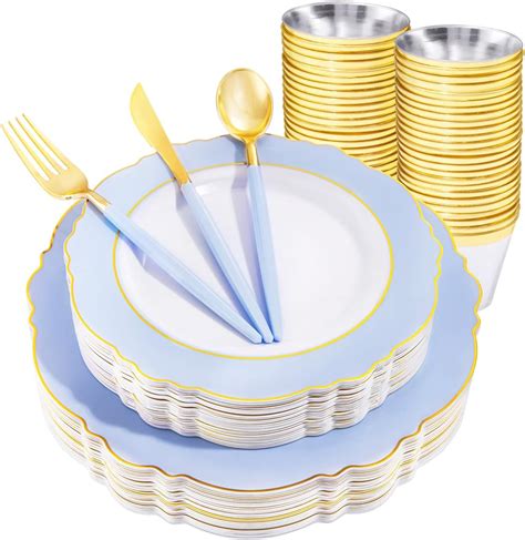 Amazon Wdf Pieces Blue Plastic Plates With Gold Rim Disposable