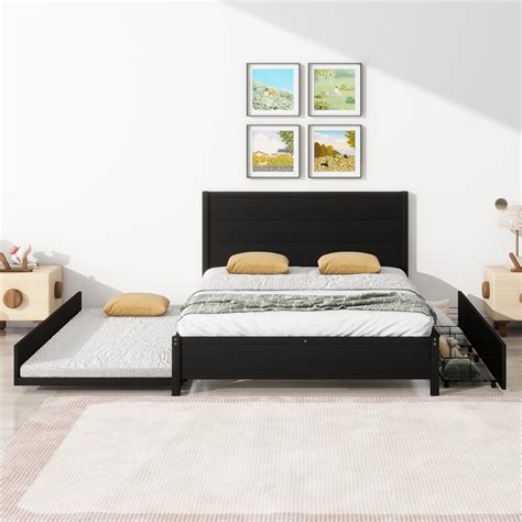 Euroco Queen Platform Bed With 2 Drawers And Trundle Solid Metal Frame