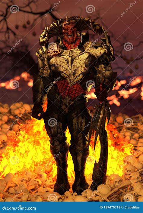 Horned Demon With Armor Standing In A Field Of Skulls 3d Illustration