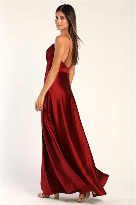 Red Satin Maxi Dress Sexy Maxi Dress Faux Wrap Maxi Dress Lulus