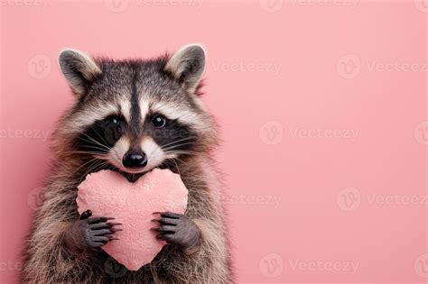 Ai Generated Cute Happy Raccoon Holding Stuffed Heart Shape In Hands