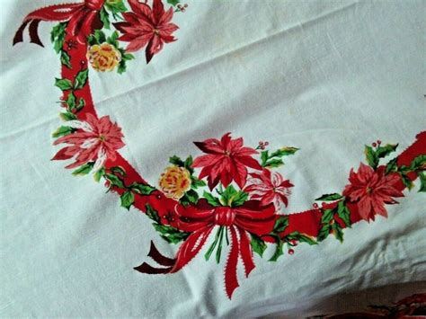 Vintage Christmas Tablecloth Poinsettia Ribbon Holly Red Green Oblong 80x60 Christmas Table