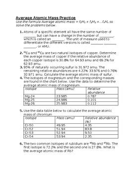 Average Atomic Mass Practice By Schrim S Chem Teachers Pay Teachers