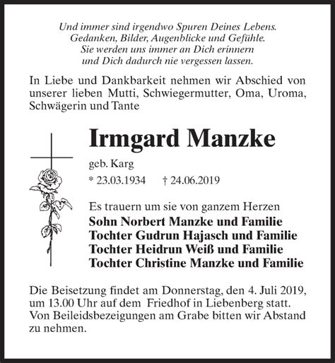 Traueranzeigen Von Irmgard Manzke Trauer Anzeigen De