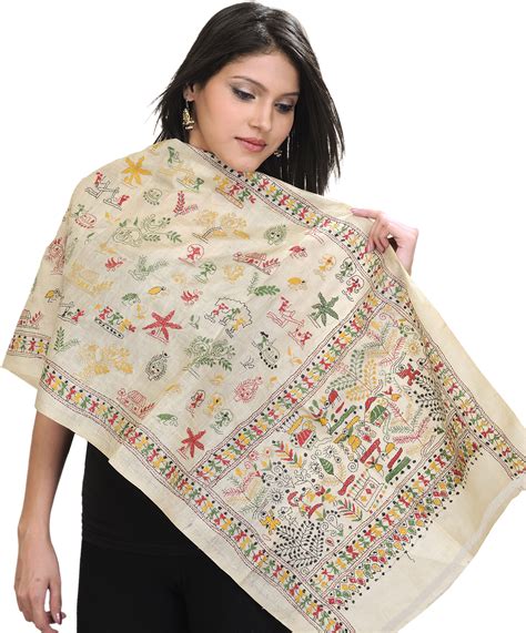 Beige Kantha Embroidered Dupatta Inspired By Warli Folk Art Exotic