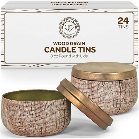 Hearts & Crafts Candle Tins with Lids - 8-oz. Wood Grain Tin Cans, 24 ...