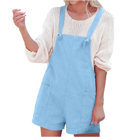 Women S Cotton Linen Short Overalls Casual Summer Bib Shortalls Women S Cotton And Linen Double