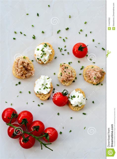 Tuna Fish Bruschetta Sandwich With Cottage Cheese Stock Photo Image