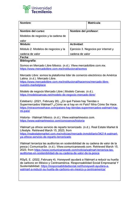 Ejercicio Modelos De Negocios Y La Cadena De Valor Nombre