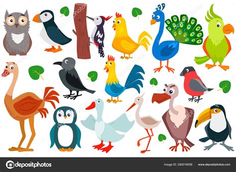 Set Of Cute Cartoon Birds Vector Flat Illustration Stock Vector By