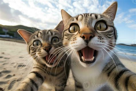 Two funny cats take a selfie on the beach. Humor. Created using ...