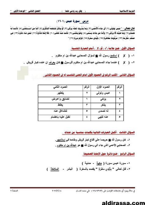 أوراق عمل سؤال وجواب درس سورة عبس متبوعة بالحل الصف الرابع تربية