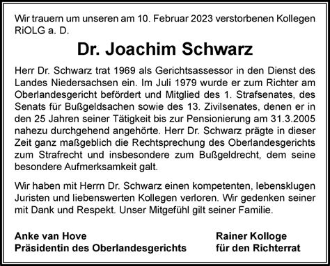 Traueranzeigen Von Joachim Schwarz Nordwest Trauer De