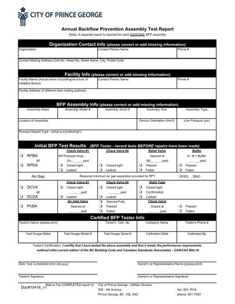 Annual Backflow Prevention Assembly Test Report Certified Bfp