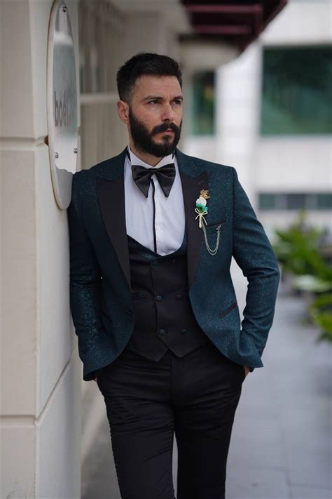 Green Slim Fit Glitter Tuxedo For Groom Bespokedailyshop