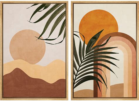 SIGNFORD Framed Canvas Print Wall Art Set Mid Century Palm Leaf