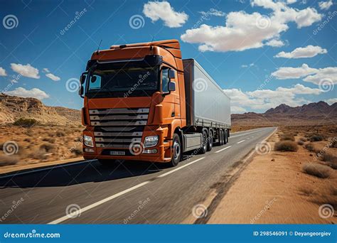 A Large Semi Truck Driving Down A Desert Road During The Day European