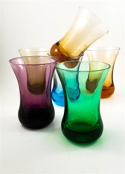 Mid Century Multi Colored Jewel Toned Flared Rim Shot Glasses