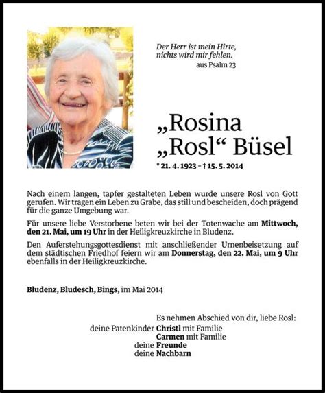 Todesanzeigen von Rosina Büsel Todesanzeigen Vorarlberger Nachrichten