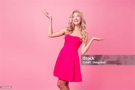 Photo Of Cheerful Lovely Lady Wear Bright Trendy Dress Arm Demonstrate Nice Proposition Empty