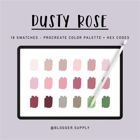 Dusty Rose Procreate Color Palette Hex Color Codes Pink Purple Red Green For Ipad Digital