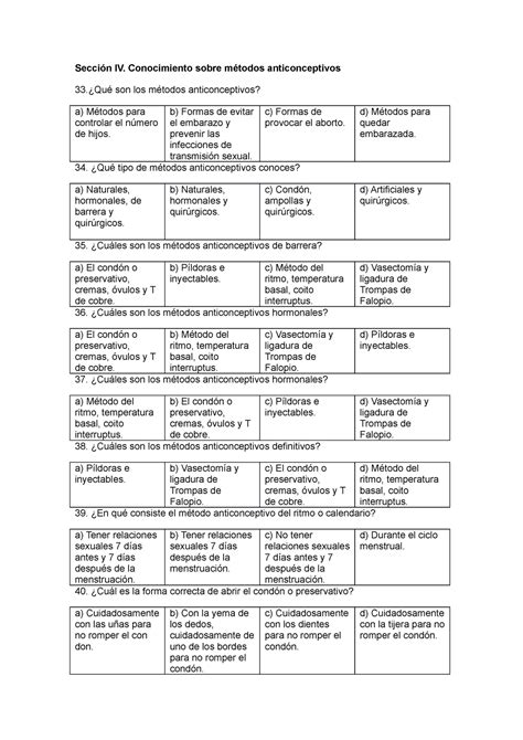 Cuestionario Sección Iv Conocimiento Sobre Métodos Anticonceptivos