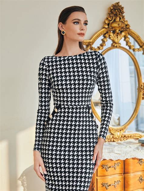 Shein Houndstooth Print Button Detail Split Back Bodycon Dress Shein