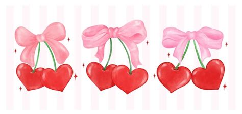 Premium Vector Retro Coquette Red Heart Cherries With Pink Ribbon Bow