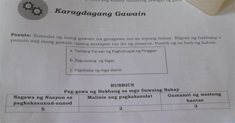 Karagdagang Gawain Panuto Sumulat Ng Isang Gawain Na Ginagawa Mo Sa