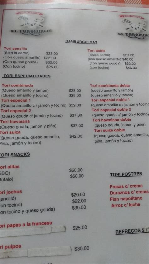 Carta Del Restaurante El Toro Viudo Ciudad Del M Xico