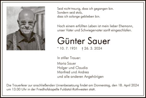 Traueranzeigen von Günter Sauer Trauer HNA de