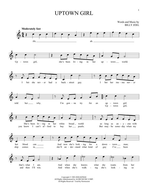 Billy Joel "Uptown Girl" Sheet Music Notes | Download Printable PDF ...