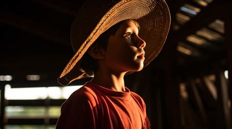 Premium AI Image | a young boy wearing a straw hat in a barn