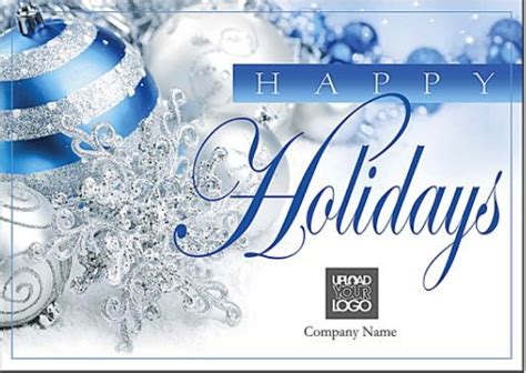 A Blue And White Holiday Card With Ornaments