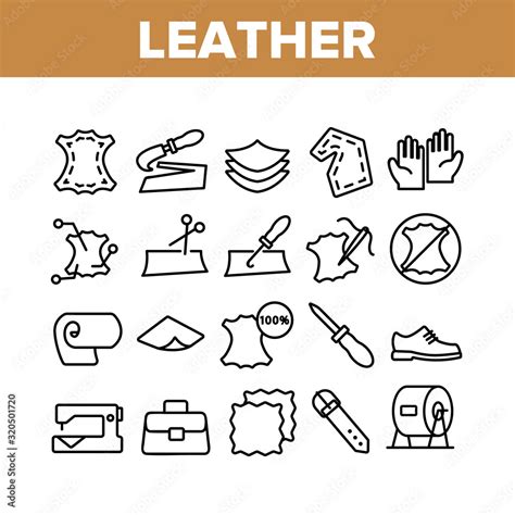 Leather Cloth Material Collection Icons Set Vector. Leather Shoe And Bag, Belt And Gloves, Knife ...