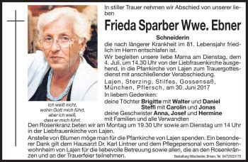 Traueranzeigen Von Frieda Ebner Trauer Bz