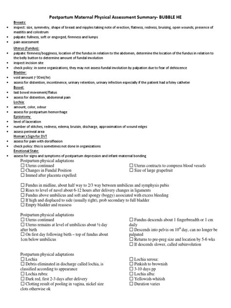 Postpartum Maternal Physical Assessment Summary Postpartum Period