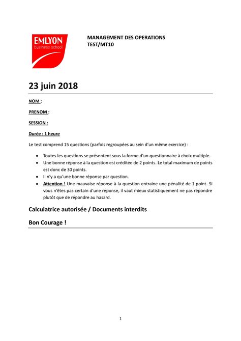 Examen Juin Questions Et R Ponses Management Des Operations