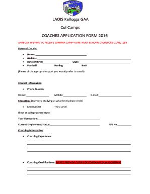 Fillable Online Laois Kelloggs Gaa Cul Camps Coaches Application Form